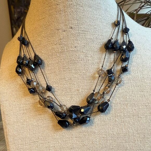 Vintage Gunmetal Grey 5 Strand Choker Necklace with Black & Smoky Faceted Beads. - Picture 1 of 4